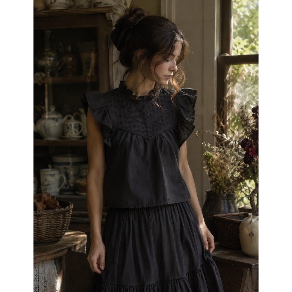 Entro Black Pintuck Ruffle Blouse M Boho Dark Cottagecore Victorian Whimsigoth